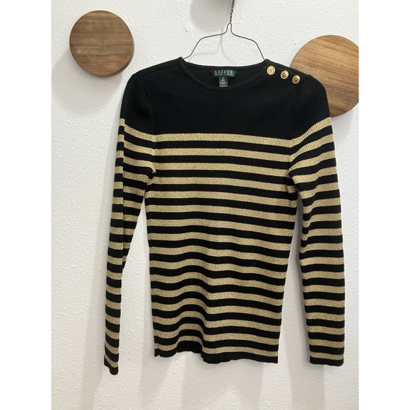 Lauren Ralph Lauren Preppy Sweater Womens Medium Classic Black Gold Stripe - Picture 8 of 14